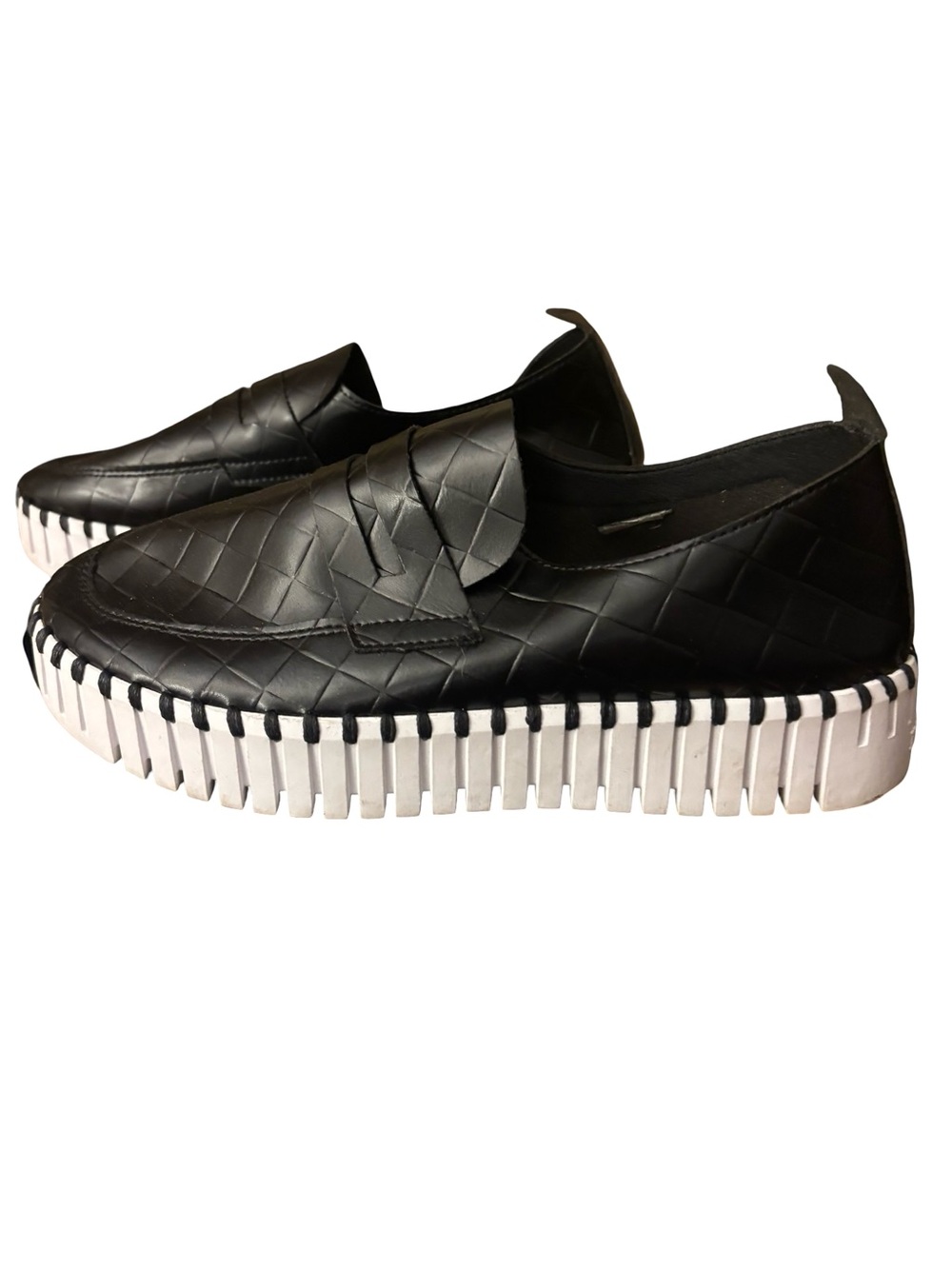 Women’s Black Woven Slip-On Loafers with White Platform Sole